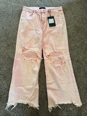 Light Pink Distressed Wide-Leg Jeans - Women